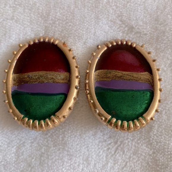 Vintage MOGHUL 80’S Poured Foil Glass GoldTone Clip Earrings - Picture 1 of 4